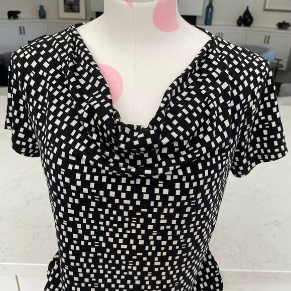 Precis Easycare Cowl Neck SS Geometric Print Polyester Top Black + White Sz S - Picture 2 of 9